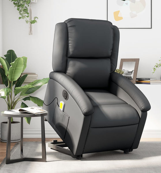 Massagesessel mit Aufstehhilfe Elektrisch Schwarz Echtleder