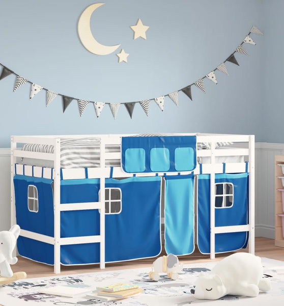 Kinderhochbett mit Vorhängen Blau 80x200 cm Massivholz Kiefer