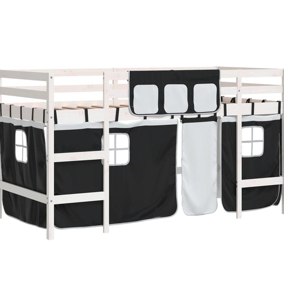 Kinderhochbett mit Vorhängen Weiß Schwarz 90x200 cm Kiefernholz