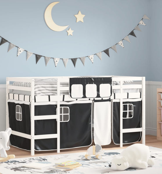 Kinderhochbett mit Vorhängen Weiß Schwarz 90x200 cm Kiefernholz