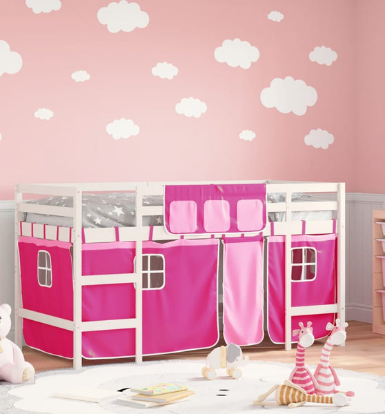 Kinderhochbett mit Vorhängen Rosa 90x200 cm Massivholz Kiefer