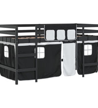 Kinderhochbett mit Vorhängen Weiß Schwarz 90x200cm Kiefernholz