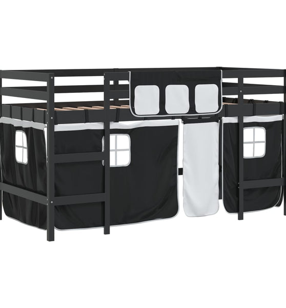 Kinderhochbett mit Vorhängen Weiß Schwarz 90x200cm Kiefernholz