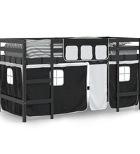 Kinderhochbett mit Vorhängen Weiß Schwarz 90x200cm Kiefernholz