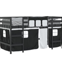 Kinderhochbett mit Vorhängen Weiß Schwarz 90x200cm Kiefernholz