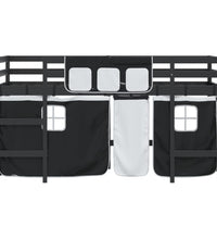 Kinderhochbett mit Vorhängen Weiß Schwarz 90x200cm Kiefernholz