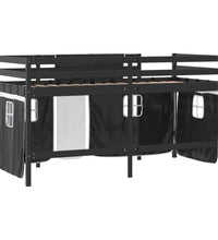Kinderhochbett mit Vorhängen Weiß Schwarz 90x200cm Kiefernholz