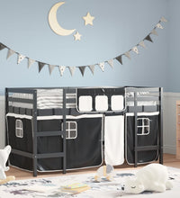 Kinderhochbett mit Vorhängen Weiß Schwarz 90x200cm Kiefernholz