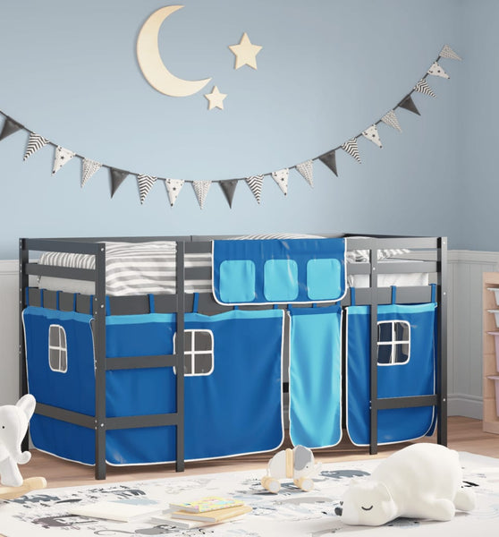 Kinderhochbett mit Vorhängen Blau 90x200 cm Massivholz Kiefer