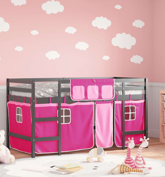 Kinderhochbett mit Vorhängen Rosa 90x200 cm Massivholz Kiefer