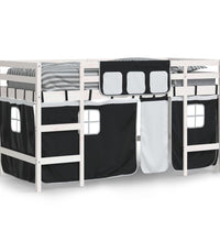 Kinderhochbett mit Vorhängen Weiß Schwarz 90x190 cm Kiefernholz