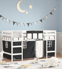 Kinderhochbett mit Vorhängen Weiß Schwarz 90x190 cm Kiefernholz