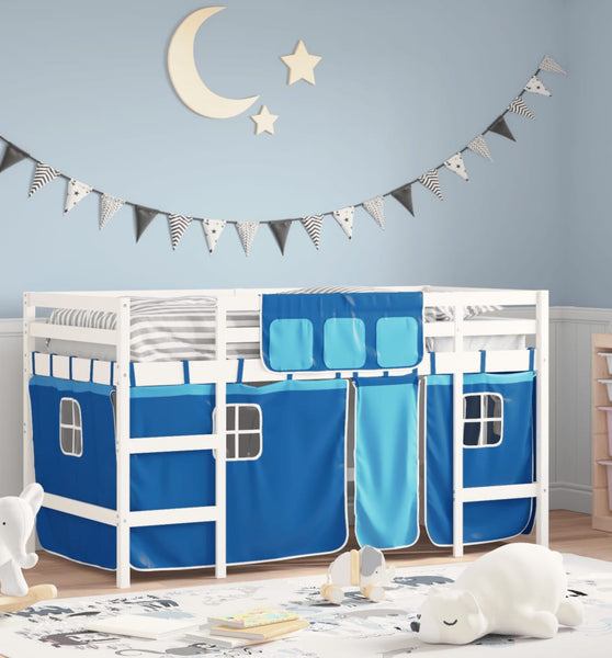 Kinderhochbett mit Vorhängen Blau 90x190 cm Massivholz Kiefer