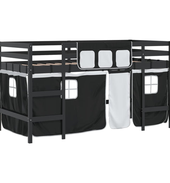 Kinderhochbett mit Vorhängen Weiß Schwarz 90x190 cm Kiefernholz