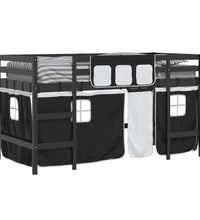 Kinderhochbett mit Vorhängen Weiß Schwarz 90x190 cm Kiefernholz