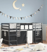 Kinderhochbett mit Vorhängen Weiß Schwarz 90x190 cm Kiefernholz