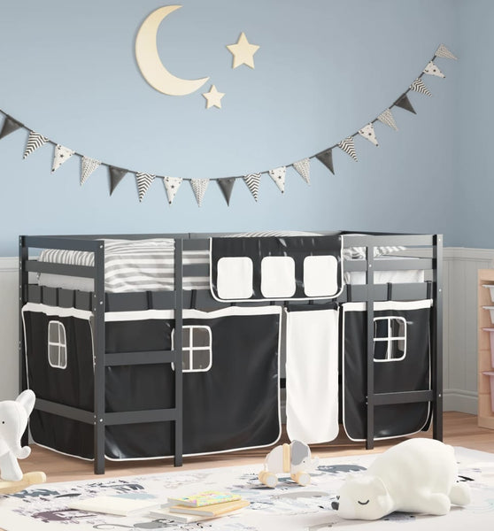 Kinderhochbett mit Vorhängen Weiß Schwarz 90x190 cm Kiefernholz