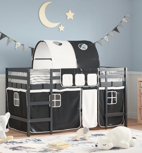 Kinderhochbett mit Tunnel Weiß & Schwarz 90x200 cm Kiefernholz