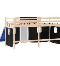 Kinderhochbett mit Vorhängen Weiß und Schwarz Massivholz Kiefer