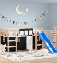 Kinderhochbett mit Vorhängen Weiß und Schwarz Massivholz Kiefer