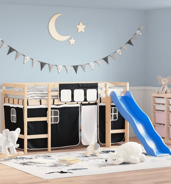 Kinderhochbett mit Vorhängen Weiß und Schwarz Massivholz Kiefer