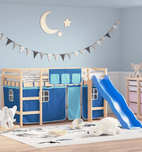 Kinderhochbett mit Vorhängen Blau 80x200 cm Massivholz Kiefer
