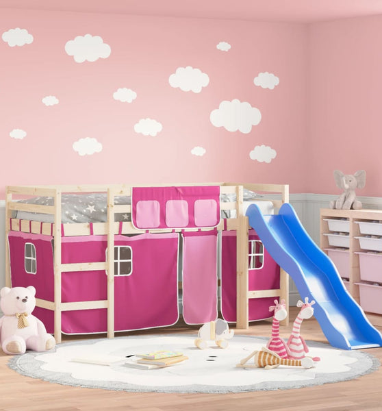 Kinderhochbett mit Vorhängen Rosa 80x200 cm Massivholz Kiefer