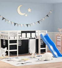 Kinderhochbett mit Vorhängen Weiß und Schwarz Massivholz Kiefer