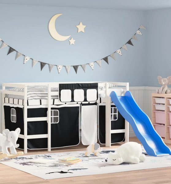 Kinderhochbett mit Vorhängen Weiß und Schwarz Massivholz Kiefer
