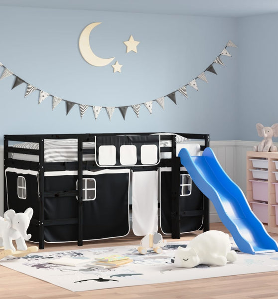 Kinderhochbett mit Vorhängen Weiß und Schwarz Massivholz Kiefer