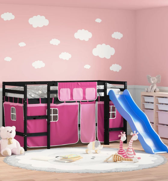 Kinderhochbett mit Vorhängen Rosa 80x200 cm Massivholz Kiefer