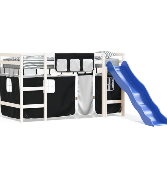 Kinderhochbett mit Vorhängen Weiß Schwarz 90x200 cm Kiefernholz