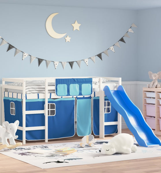 Kinderhochbett mit Vorhängen Blau 90x200 cm Massivholz Kiefer