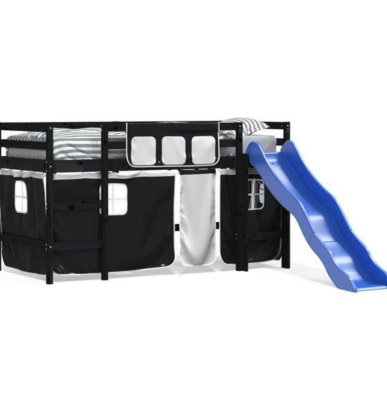 Kinderhochbett mit Vorhängen Weiß Schwarz 90x200 cm Kiefernholz