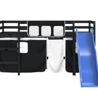 Kinderhochbett mit Vorhängen Weiß Schwarz 90x200 cm Kiefernholz