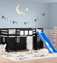 Kinderhochbett mit Vorhängen Weiß Schwarz 90x200 cm Kiefernholz