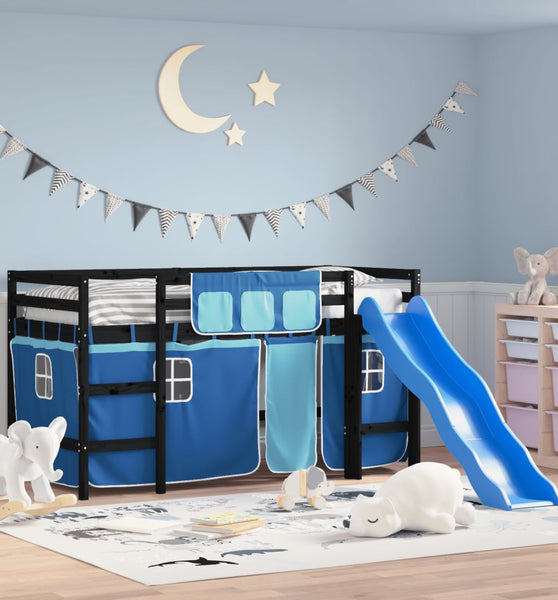 Kinderhochbett mit Vorhängen Blau 90x200 cm Massivholz Kiefer