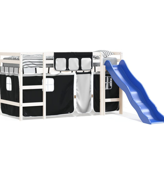 Kinderhochbett mit Vorhängen Weiß Schwarz 90x190 cm Kiefernholz