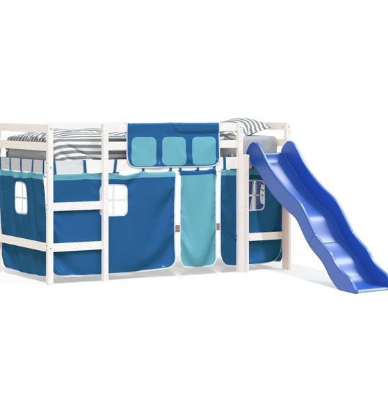 Kinderhochbett mit Vorhängen Blau 90x190 cm Massivholz Kiefer