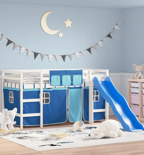 Kinderhochbett mit Vorhängen Blau 90x190 cm Massivholz Kiefer