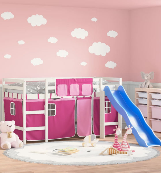 Kinderhochbett mit Vorhängen Rosa 90x190 cm Massivholz Kiefer