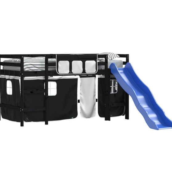 Kinderhochbett mit Vorhängen Weiß Schwarz 90x190 cm Kiefernholz