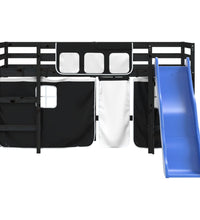 Kinderhochbett mit Vorhängen Weiß Schwarz 90x190 cm Kiefernholz