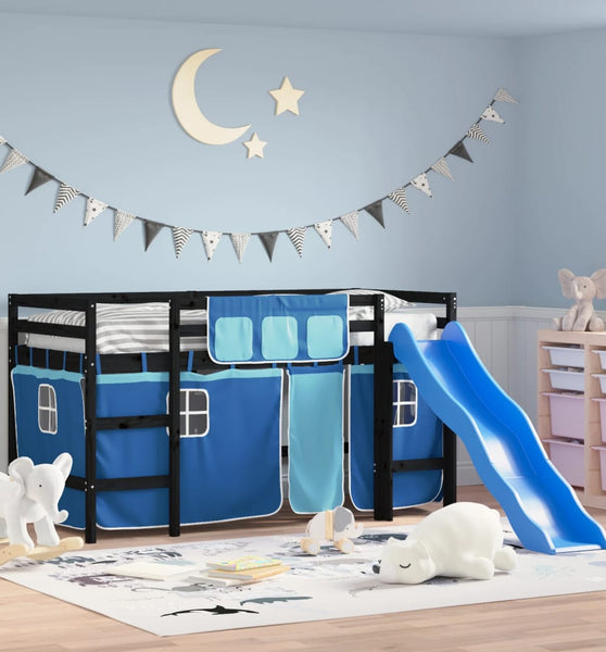 Kinderhochbett mit Vorhängen Blau 90x190 cm Massivholz Kiefer