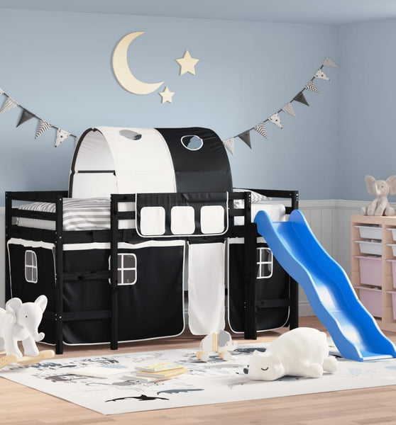 Kinderhochbett mit Tunnel Weiß & Schwarz 80x200 cm Kiefernholz