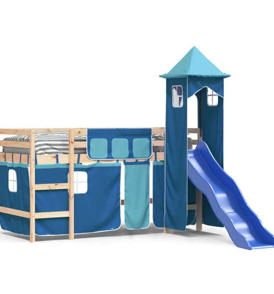 Kinderhochbett mit Turm Blau 80x200 cm Massivholz Kiefer