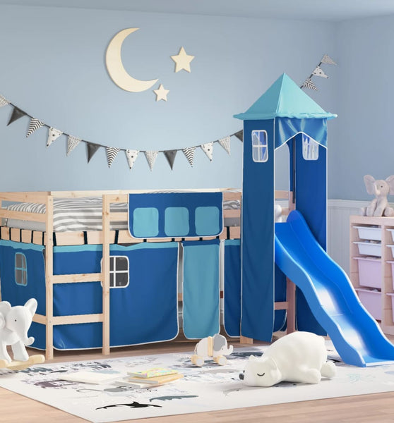 Kinderhochbett mit Turm Blau 80x200 cm Massivholz Kiefer