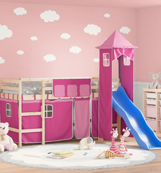 Kinderhochbett mit Turm Rosa 80x200 cm Massivholz Kiefer