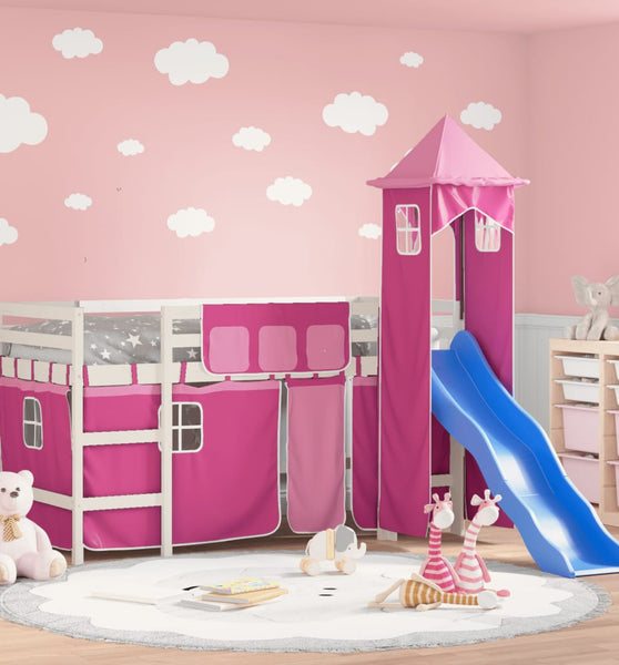Kinderhochbett mit Turm Rosa 80x200 cm Massivholz Kiefer