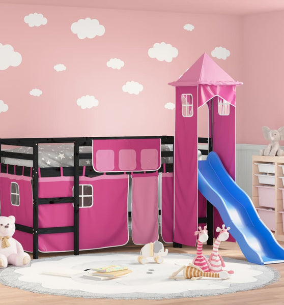 Kinderhochbett mit Turm Rosa 80x200 cm Massivholz Kiefer
